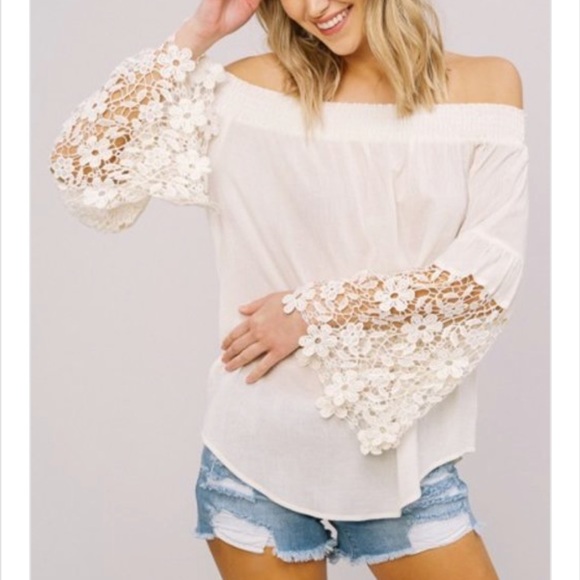 Off The Shoulder Lace Sleeves Long Sleeve Top - Picture 2 of 6